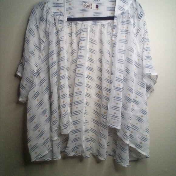 So Open Front Blouse XL Short Sleeve Sheer Patterned White Blue Yellow - Picture 14 of 16